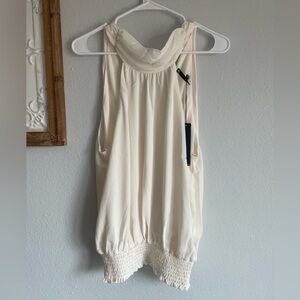 Krisa Women’s Size Large Tank Top Blouse Cream NWT cowl Neck Fitted Waist
